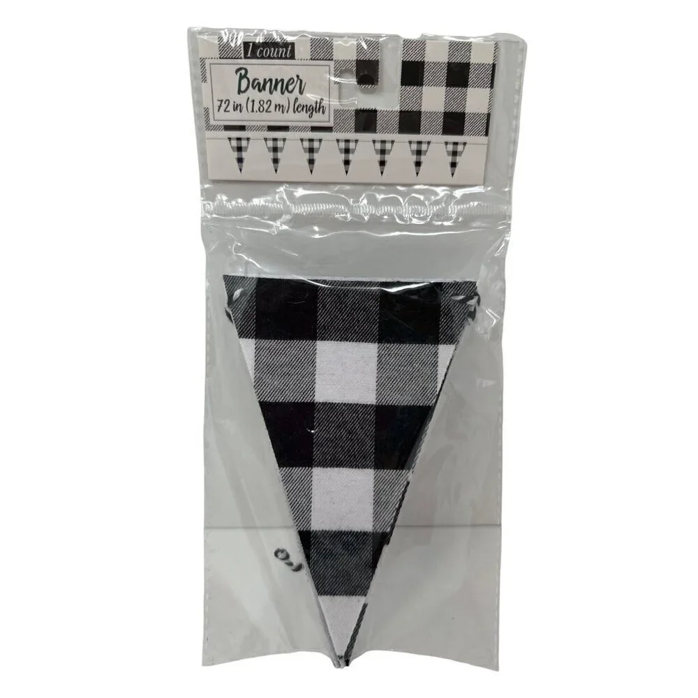 Black White Buffalo Plaid Banner 72in Checkered Triangle Garland Farmhouse Decor